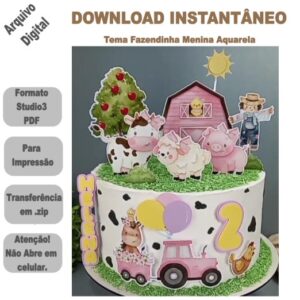 Arquivo de Corte Topo de Bolo Fazendinha Menina Aquarela