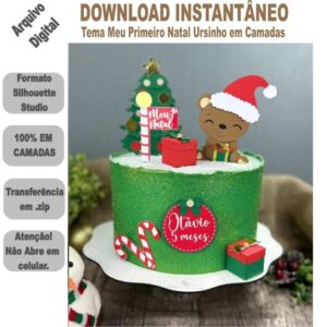 Arquivo de Corte Topo de Bolo Meu Primeiro Natal Ursinho em Camadas