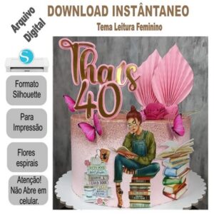 Arquivo de Corte Silhouette Topo de Bolo Leitura Livros Feminino