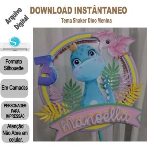 Arquivo de Corte Silhouette Topo de Bolo Shaker Dino Menina p/Download